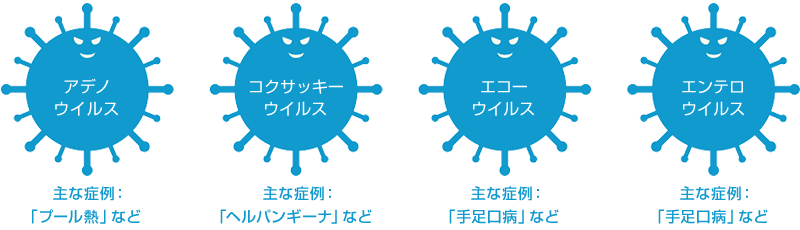 アデノウイルス | 主な症例：「プール熱」など / コクサッキーウイルス | 主な症例：「ヘルパンギーナ」など / エコーウイルス | 主な症例：「手足口病」など / エンテロウイルス | 主な症例：「手足口病」など