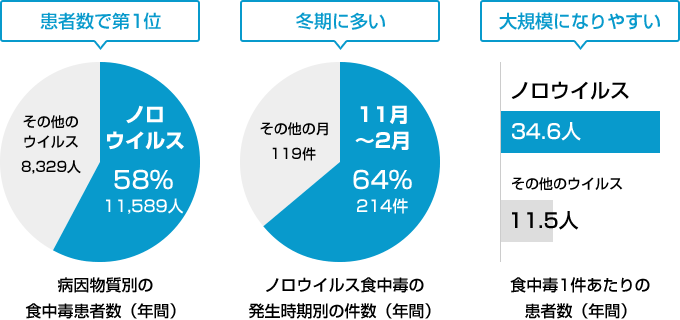 食中毒統計 | 患者数で第1位：病因物質別の食中毒患者数(年間)：ノロウイルス 58%・11,589人、冬期に多い：ノロウイルス食中毒の発生時期別の件数(年間)：11～2月 64%・214件、大規模になりやすい：食中毒1件あたりの患者数(年間)：ノロウイルス 34.6人