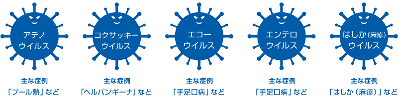 アデノウイルス | 主な症例：「プール熱」など / コクサッキーウイルス | 主な症例：「ヘルパンギーナ」など / エコーウイルス | 主な症例：「手足口病」など / エンテロウイルス | 主な症例：「手足口病」など / はしか(麻疹)ウイルス | 主な症例：「はしか(麻疹)」など